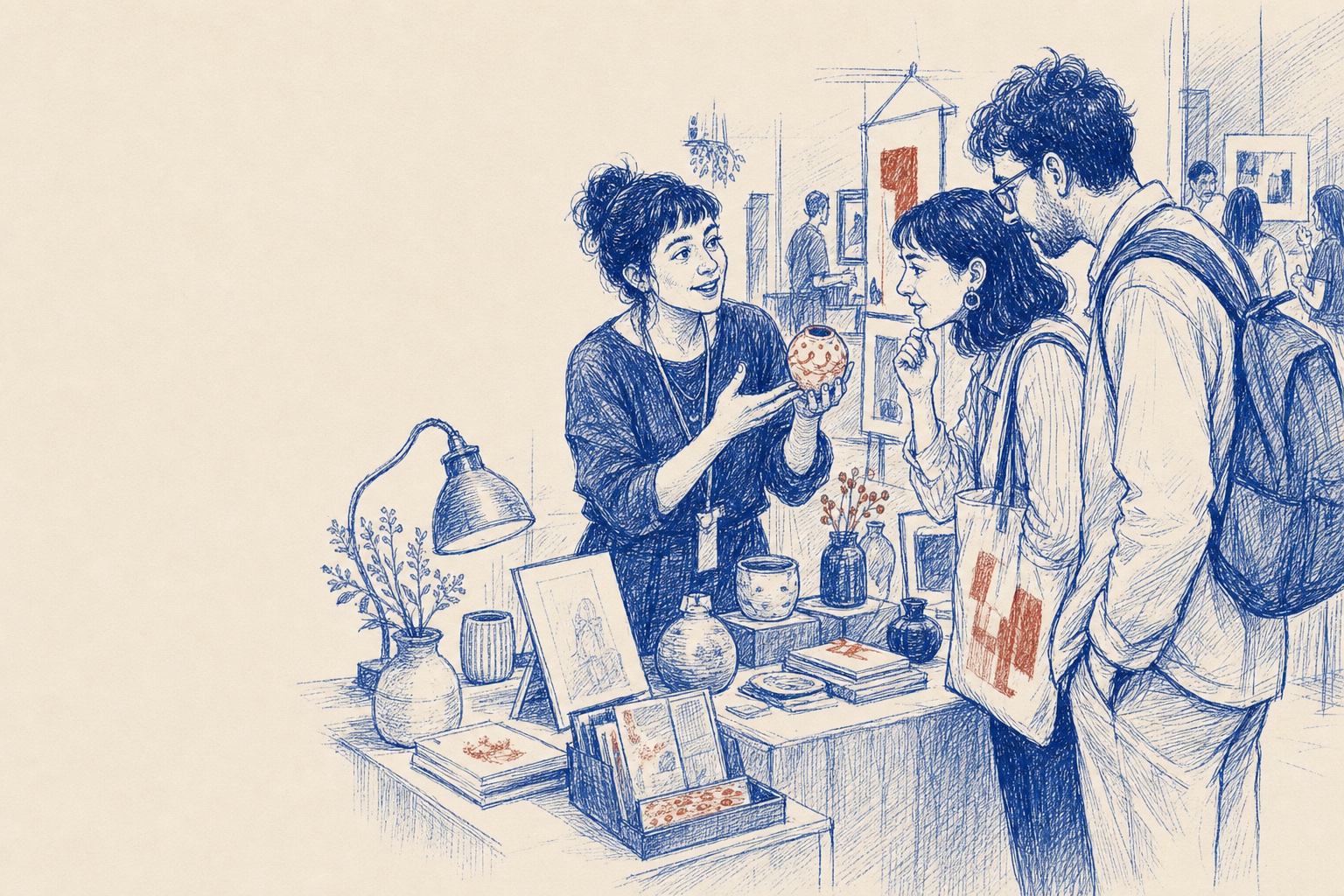 Illustration of an exhibitor sharing the story behind a crafted object