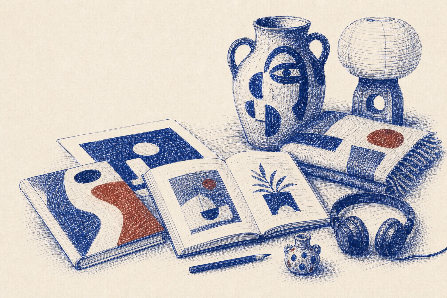 Illustrated curated objects including ceramics, books, textiles, a lamp and headphones