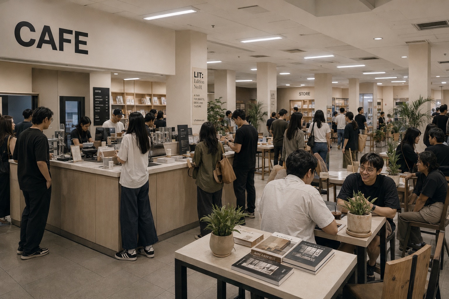 Visitors gathering around a café inside the fair