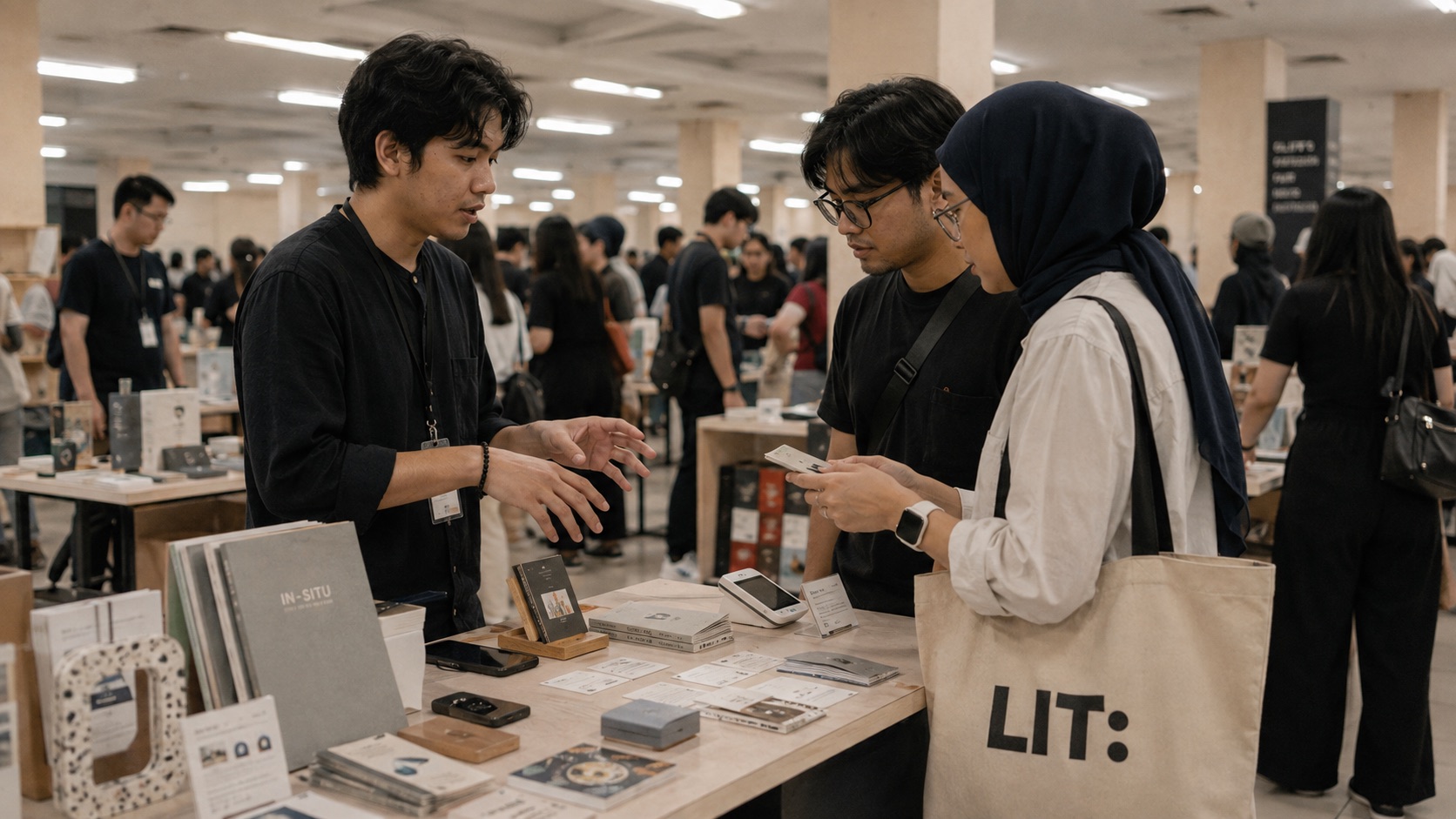 An exhibitor discussing publications with two visitors