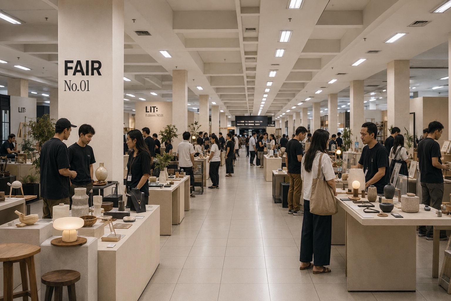 Visitors browsing design objects on the fair floor