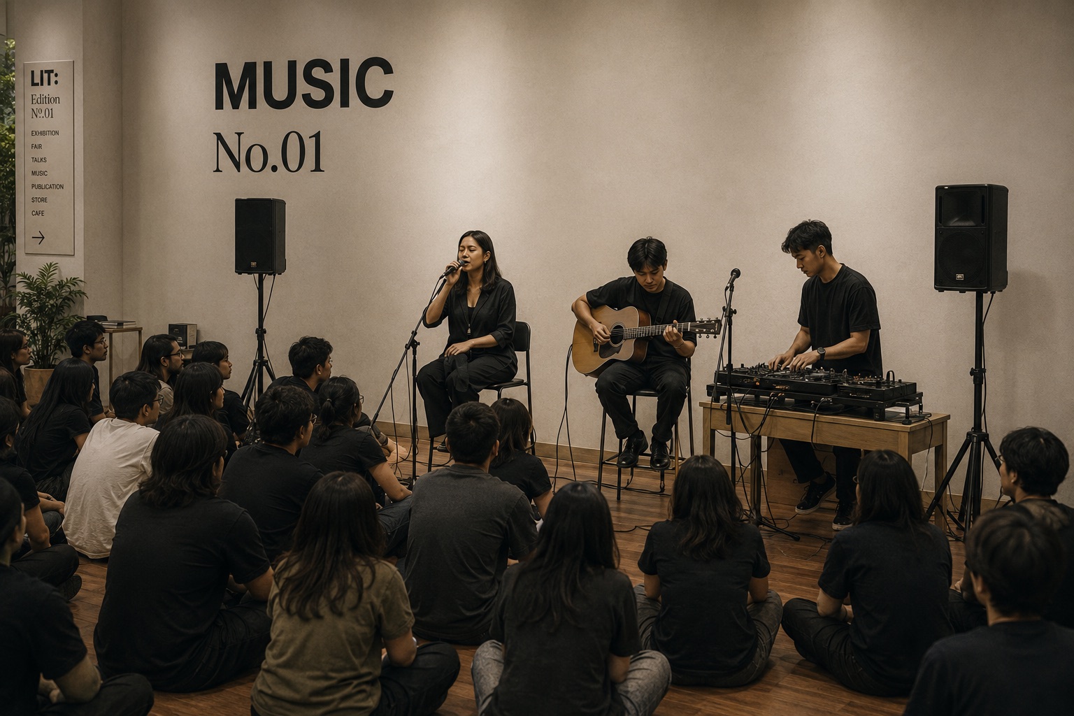 A live music session with visitors seated close to the performers
