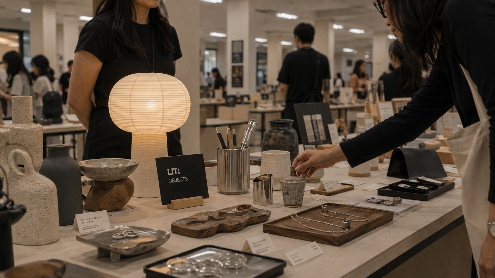 A close view of crafted objects arranged on an exhibitor table