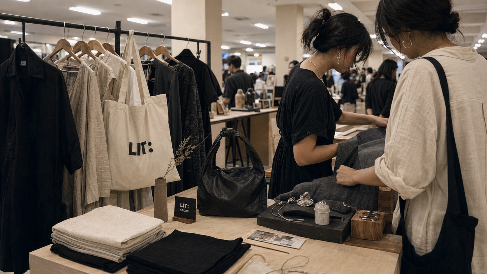 Visitors browsing clothing and objects in the LIT store